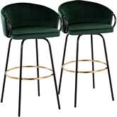 Claire Bar Stool in Black Metal, Gold & Emerald Green Velvet (Set of 2)